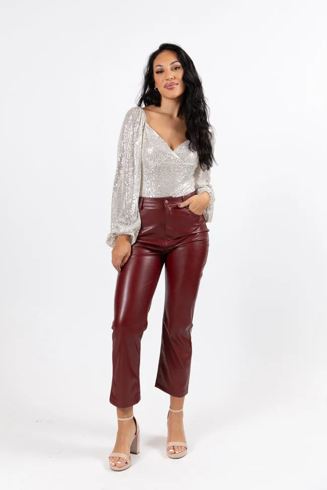 Memorable Nights Burgundy Wide Leg Faux Leather Pants