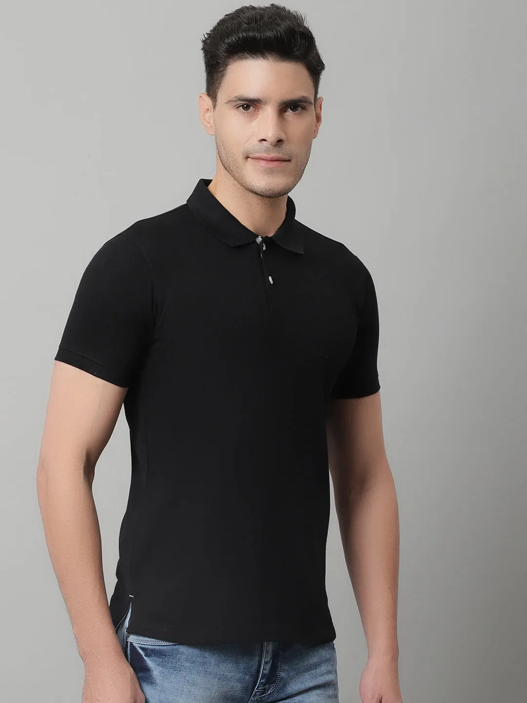 Men Black Casual Half Sleeves Polo Neck T-Shirt