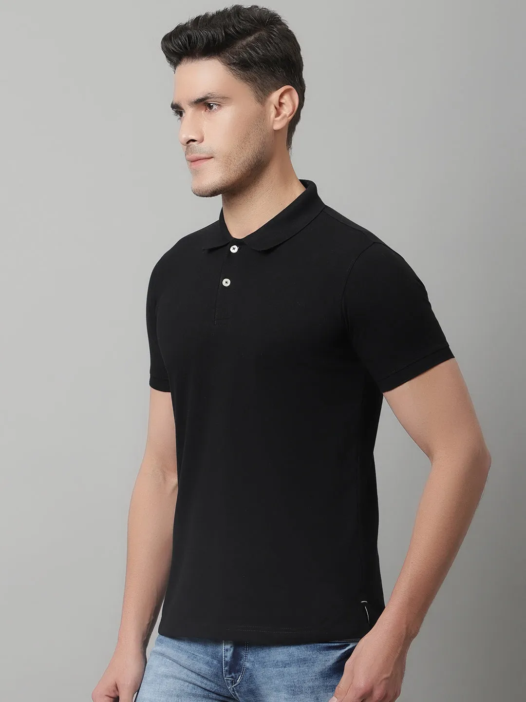 Men Black Casual Half Sleeves Polo Neck T-Shirt