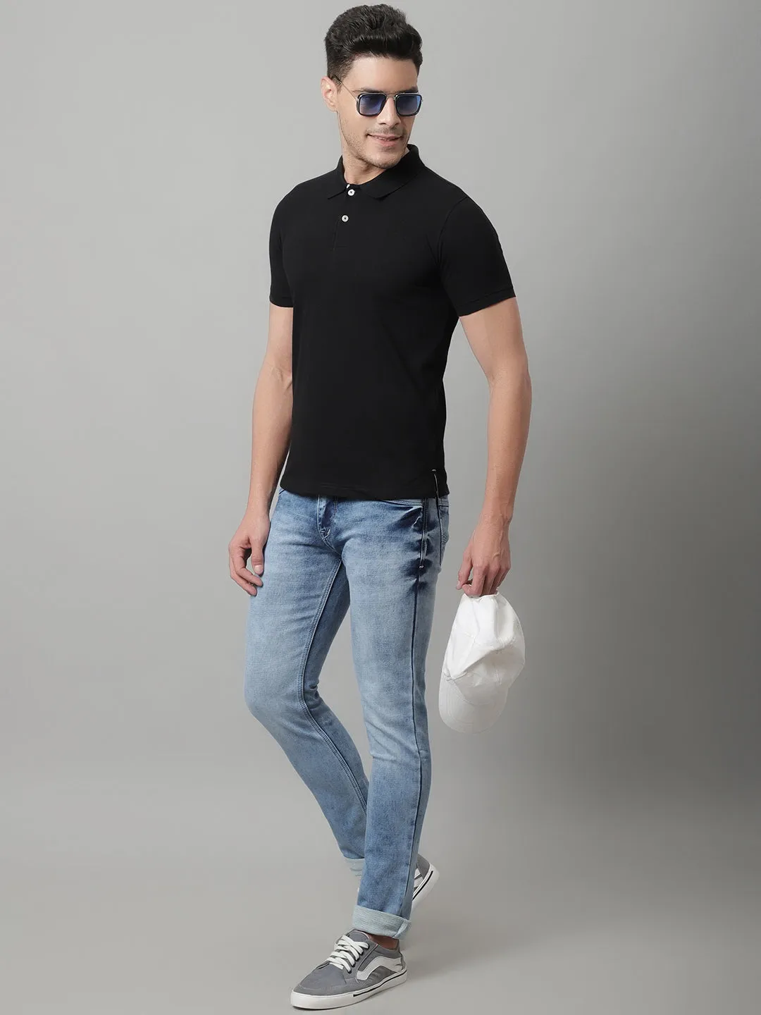 Men Black Casual Half Sleeves Polo Neck T-Shirt