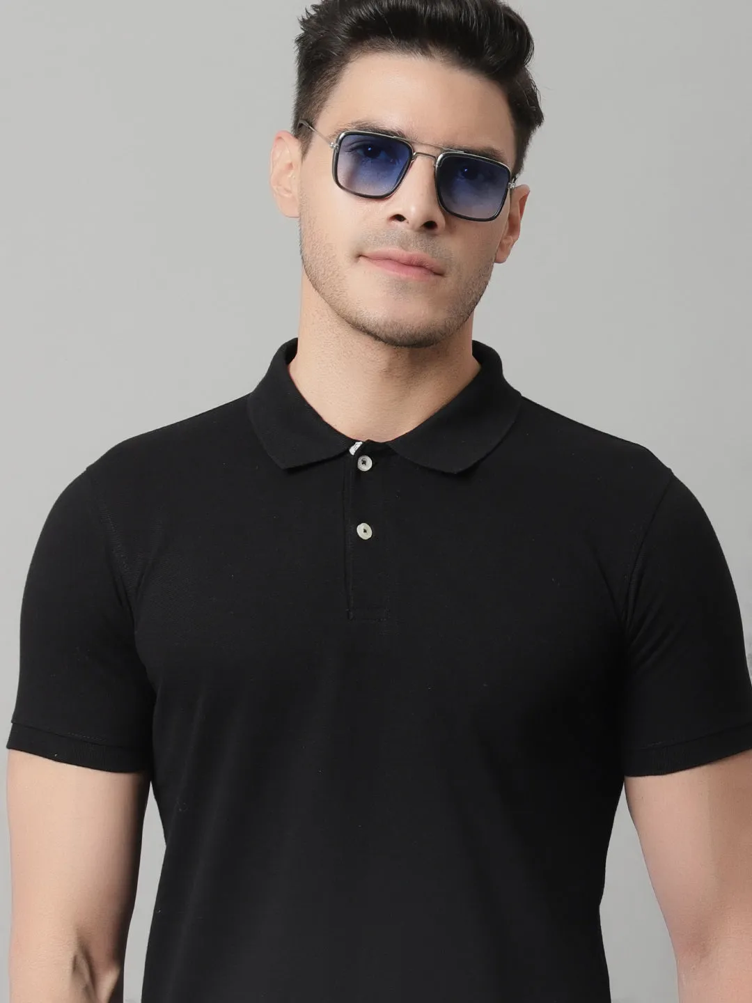 Men Black Casual Half Sleeves Polo Neck T-Shirt