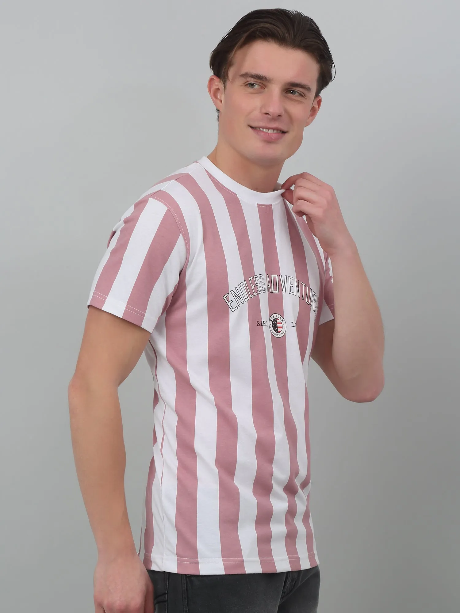 Men's Dusty Pink Vertical Stripe Round neck Half Sleeve T-Shirt with Print