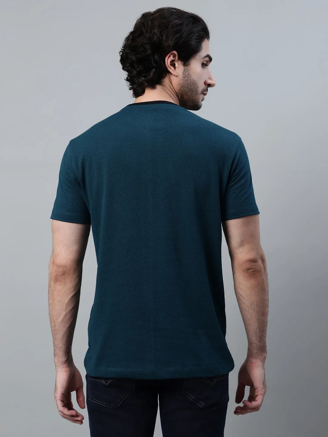 Men's Teal Blue Self Design Round Neck T-shirt