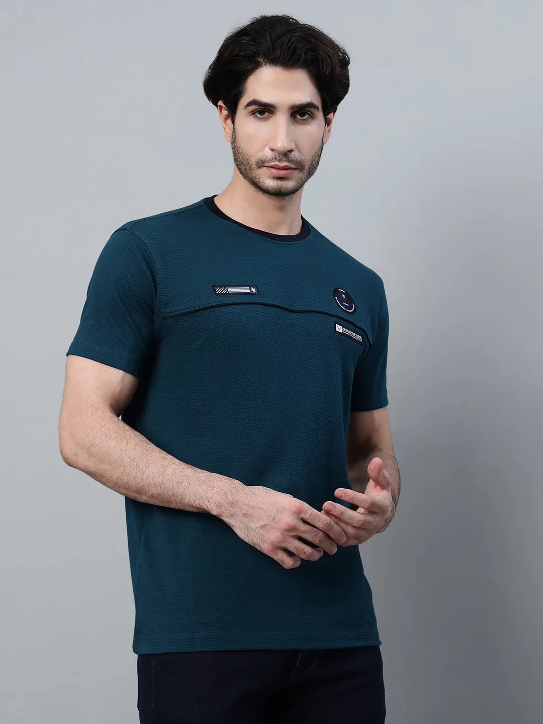 Men's Teal Blue Self Design Round Neck T-shirt