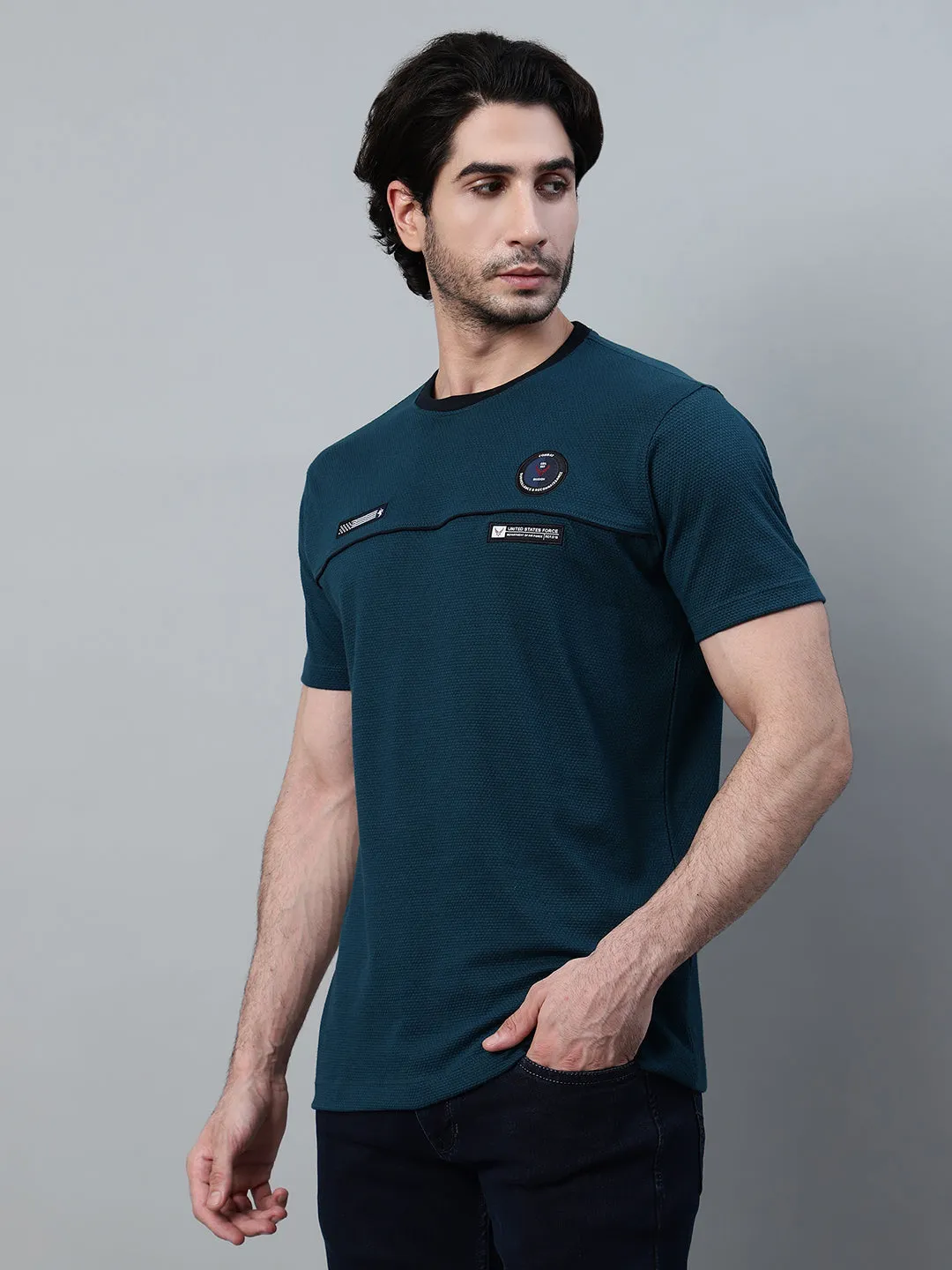 Men's Teal Blue Self Design Round Neck T-shirt