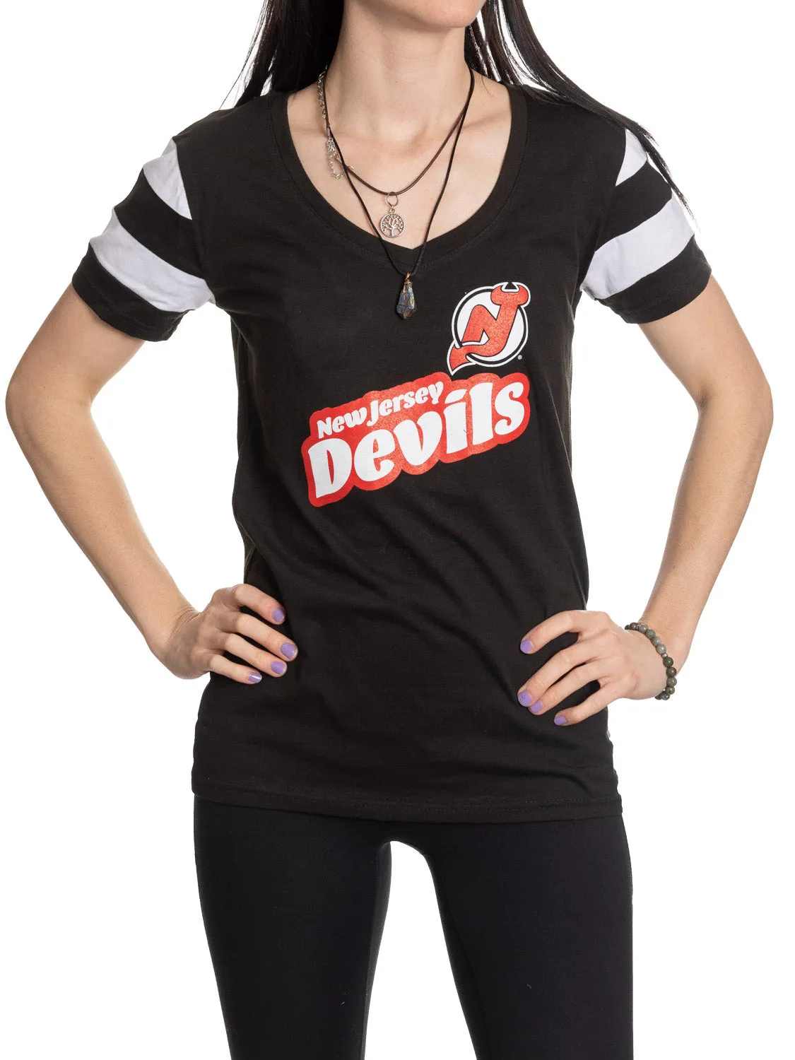 Official Licensed NHL Ladies' Retro Varsity Short Sleeve Vneck Tshirt--New Jersey Devils