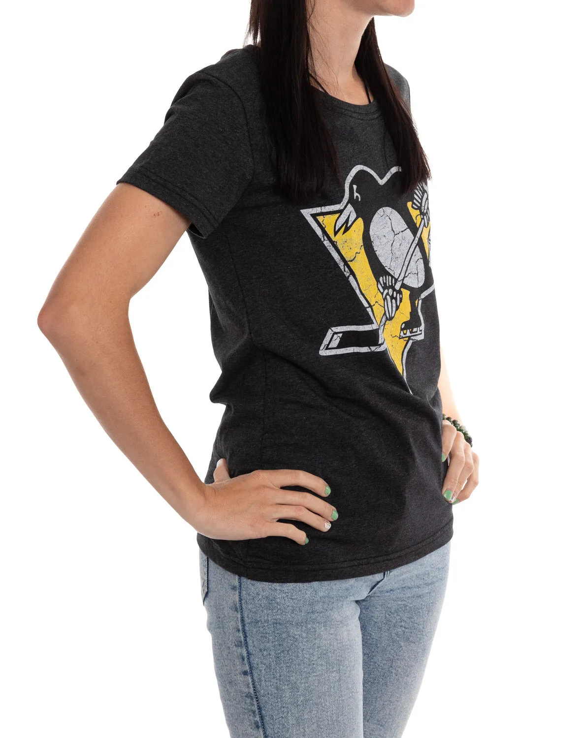 Pittsburgh Penguins Women's Distressed Print Fitted Crew Neck Premium T-Shirt - Black