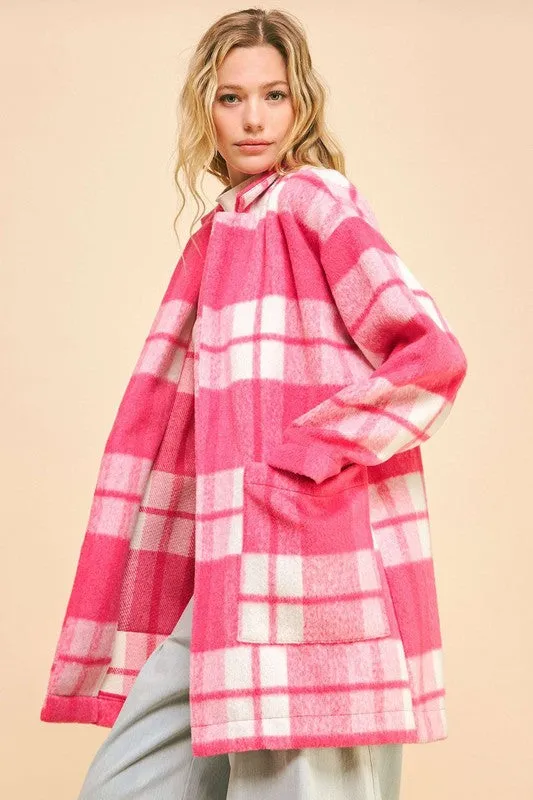 Plaid Open Front Drop Shoulder Longline Coat