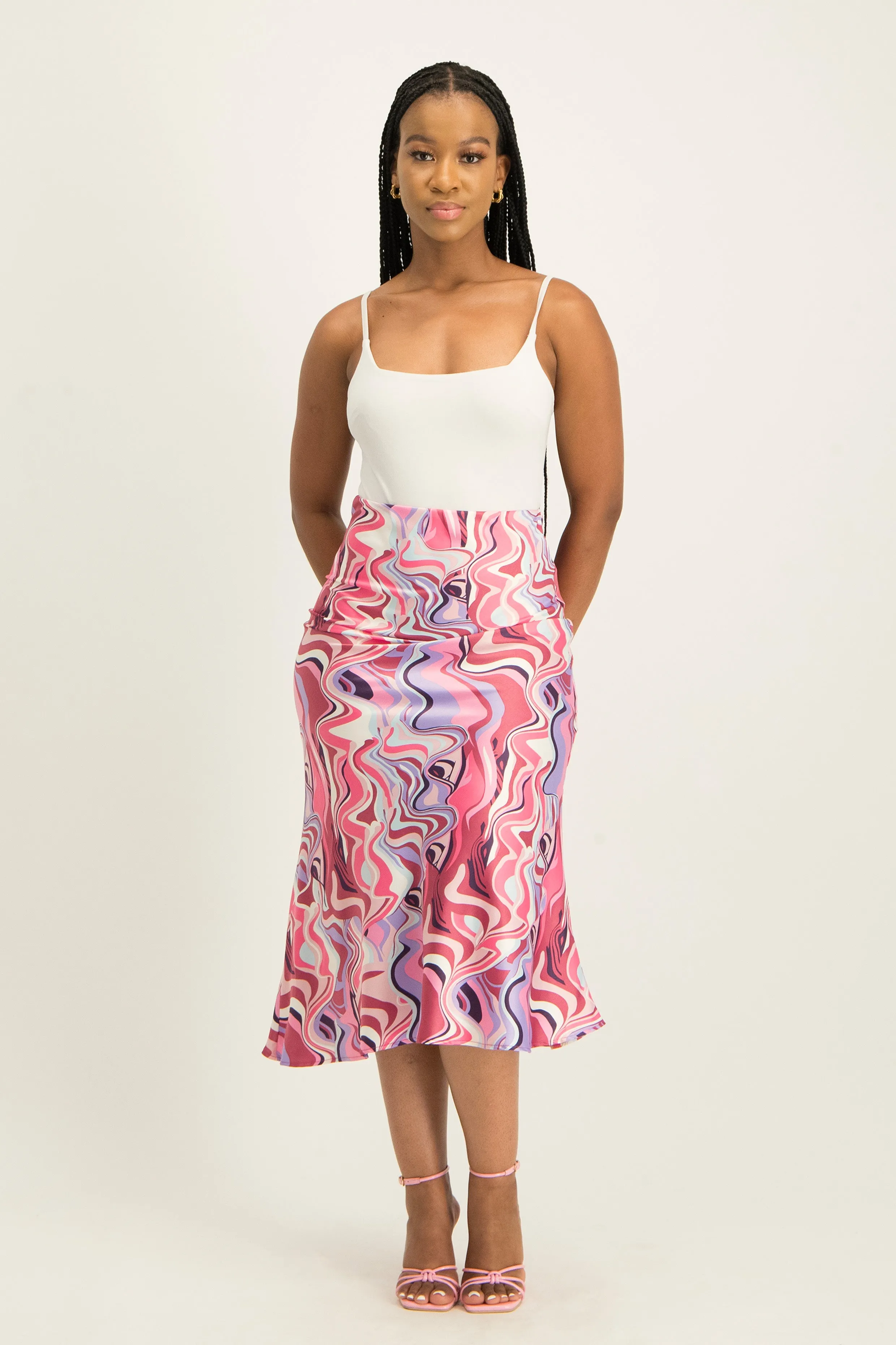 Printed Satin Midi Skirt