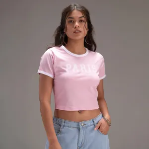 " Varsity Paris" Pink Cropped Fitted Baby Tee