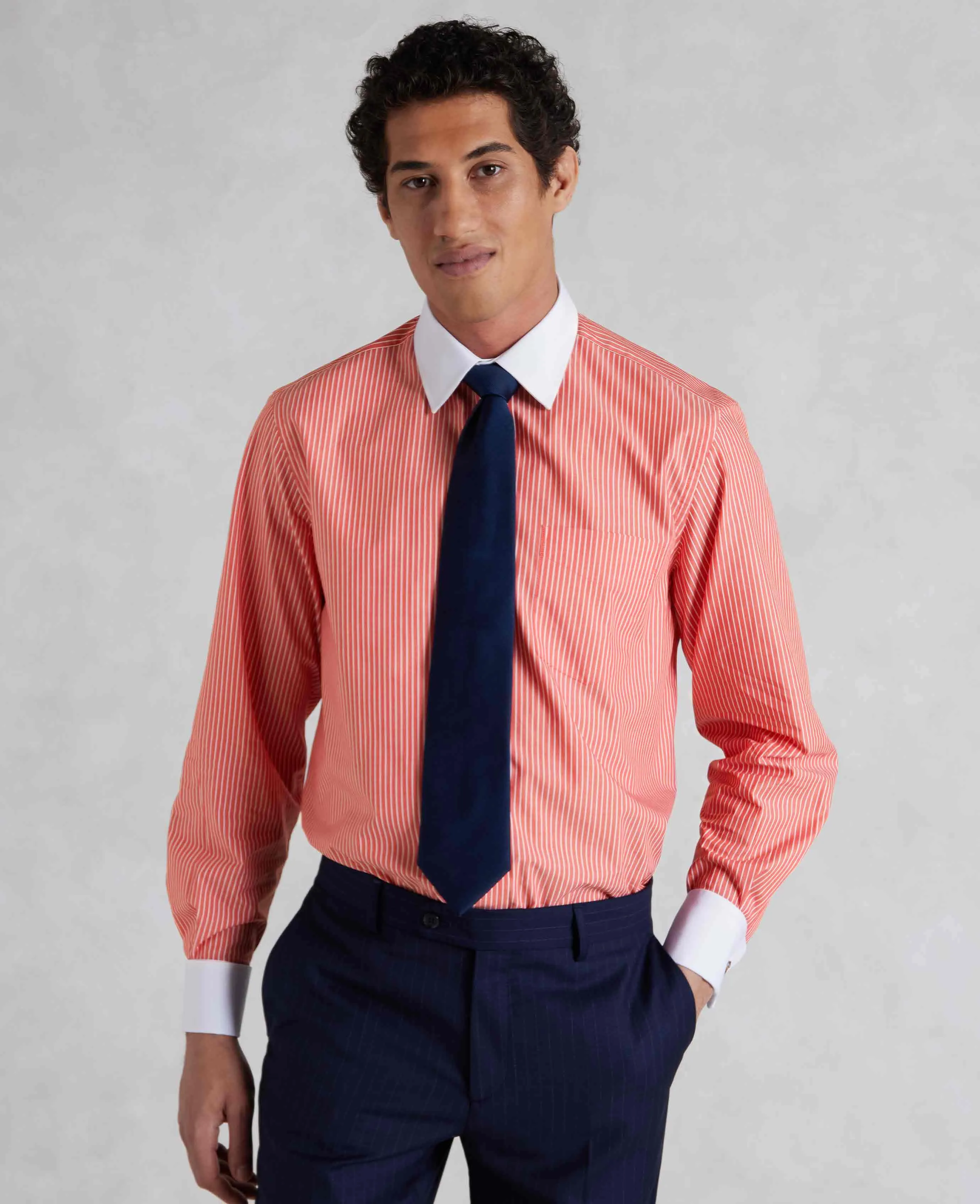 Red White Poplin Stripe Classic Fit Formal Shirt - Double Cuff