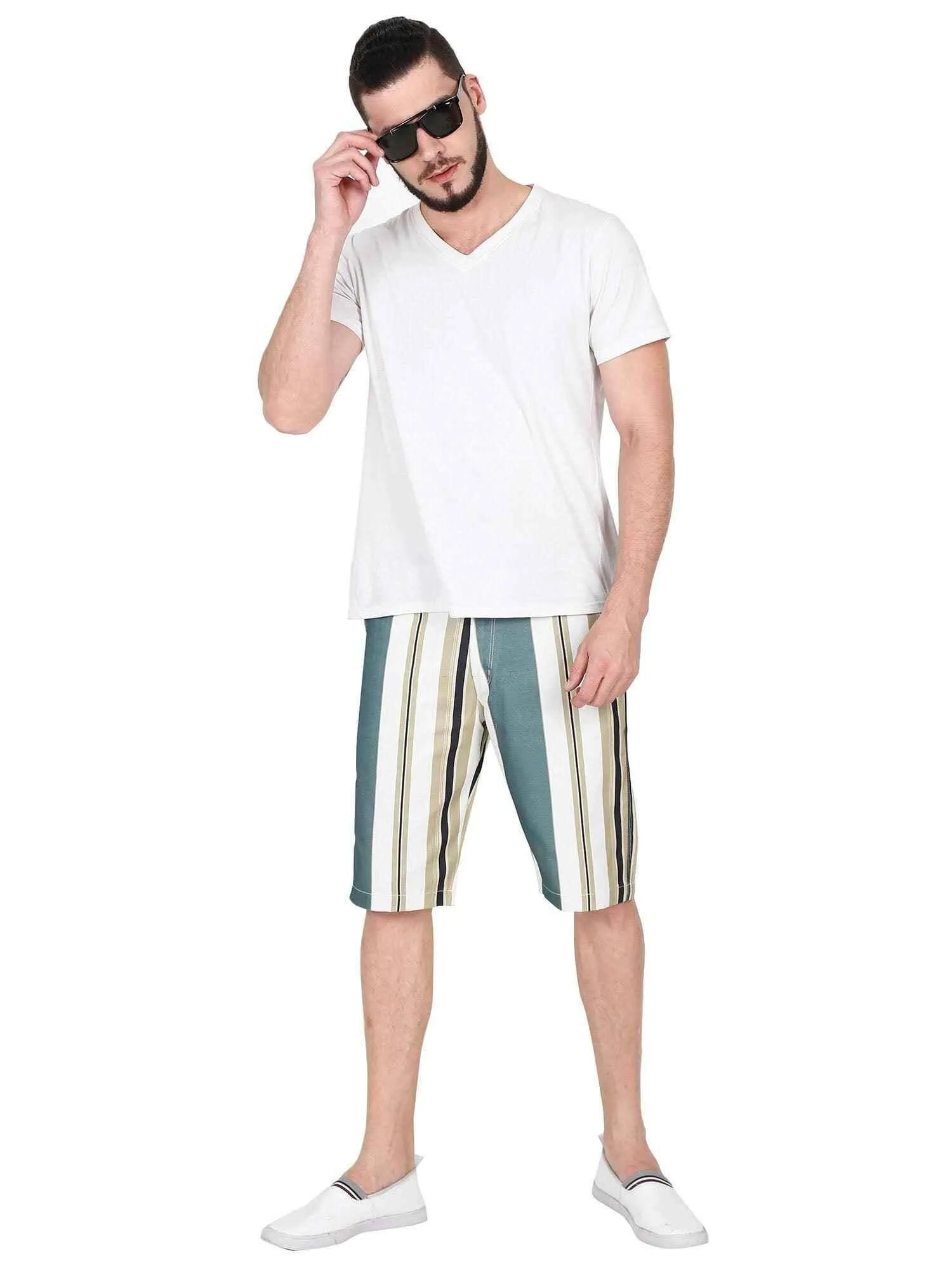 Retro Men Stripe Printed Cotton Shorts