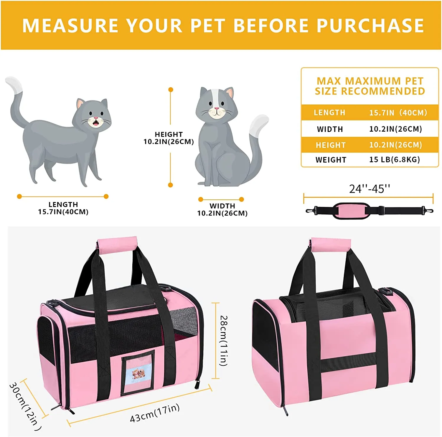 SECLATO Cat Carrier, Dog Carrier, Pet Carrier Airline Approved for Cat, Small Dogs, Kitten, Cat Carriers for Small Medium Cats Under 15lb, Collapsible Soft Sided TSA Approved Cat Travel Carrier-Black