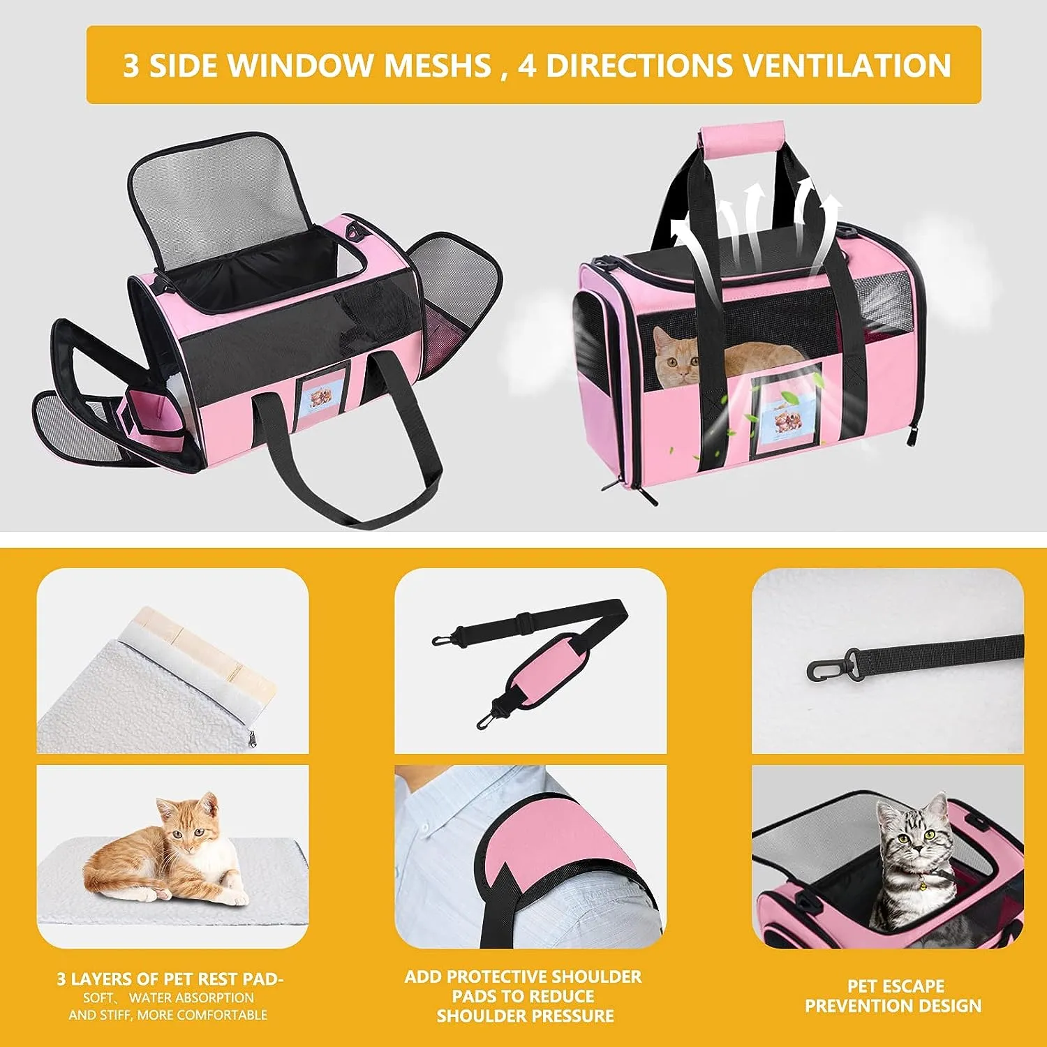 SECLATO Cat Carrier, Dog Carrier, Pet Carrier Airline Approved for Cat, Small Dogs, Kitten, Cat Carriers for Small Medium Cats Under 15lb, Collapsible Soft Sided TSA Approved Cat Travel Carrier-Black