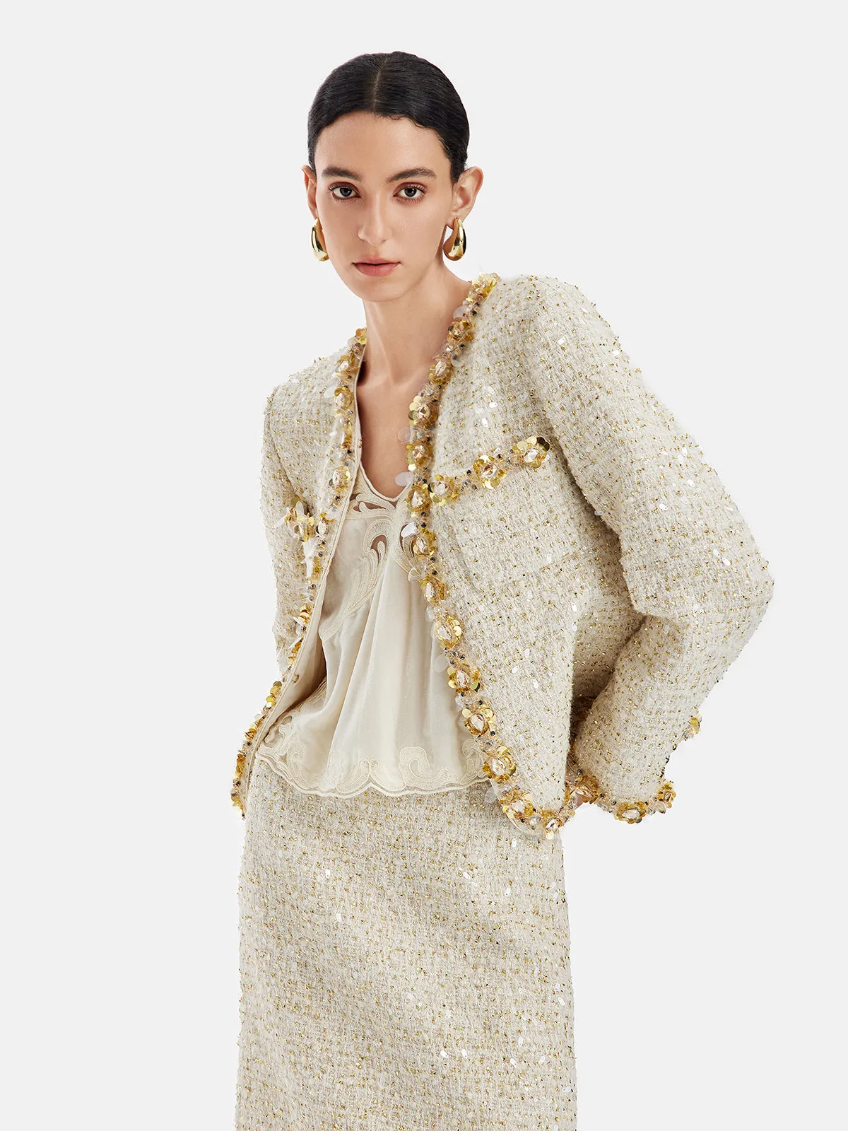 Sequin Trimmed French Tweed Short Jacket