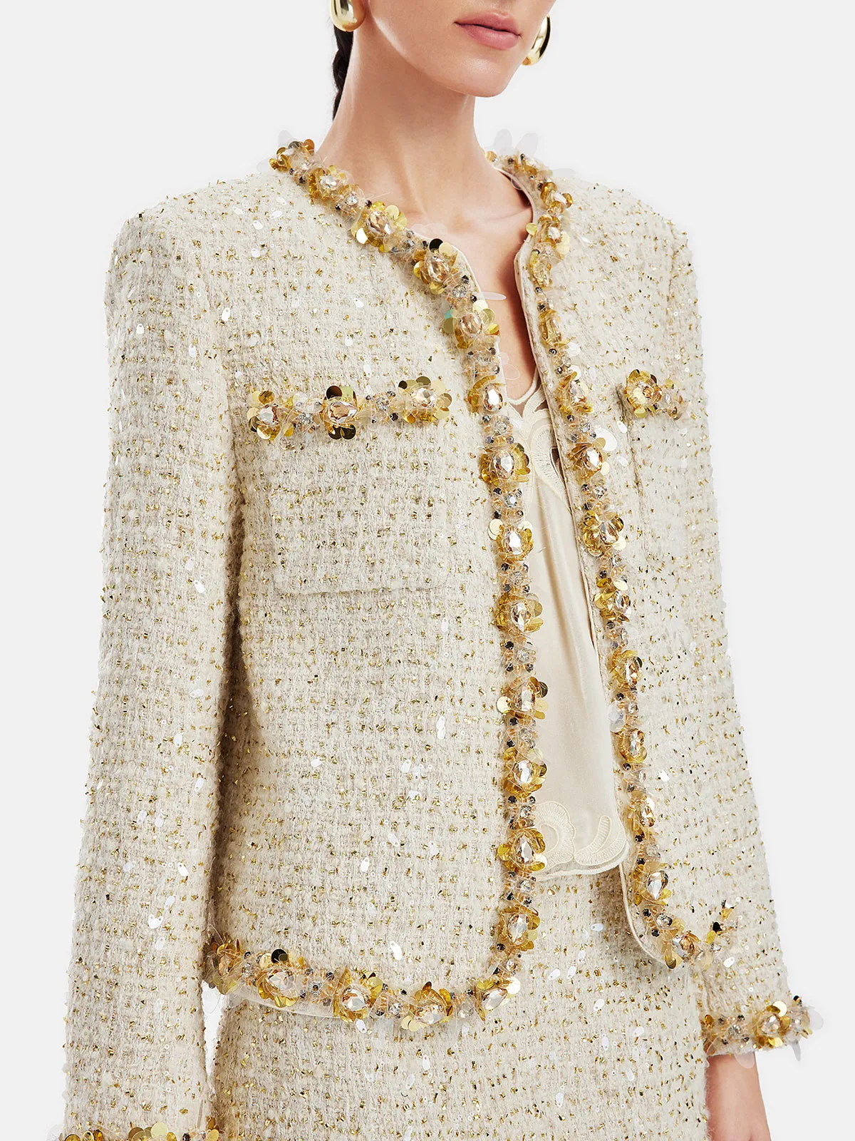 Sequin Trimmed French Tweed Short Jacket