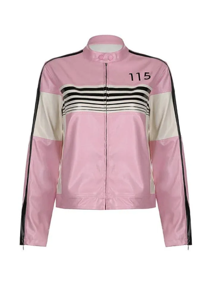 Striped Contrast Color Splice Leather Jacket