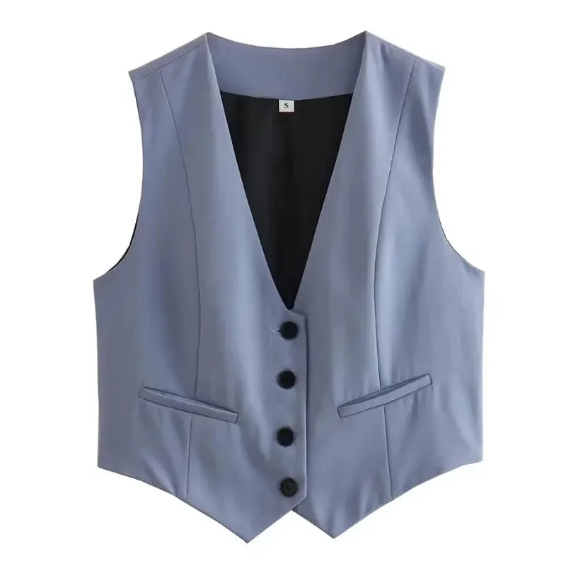 Suninheart Women Cropped Waistcoat Elegant Solid Single Breasted V Neck Vest Spring Casual Woman Fashion Outerwear Waistcoats