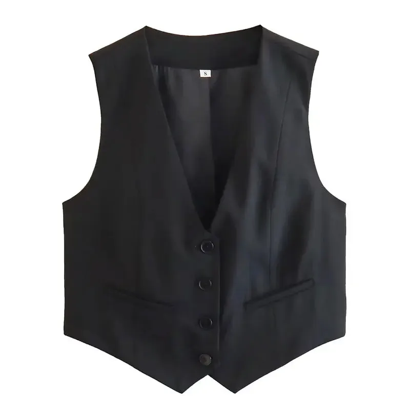 Suninheart Women Cropped Waistcoat Elegant Solid Single Breasted V Neck Vest Spring Casual Woman Fashion Outerwear Waistcoats