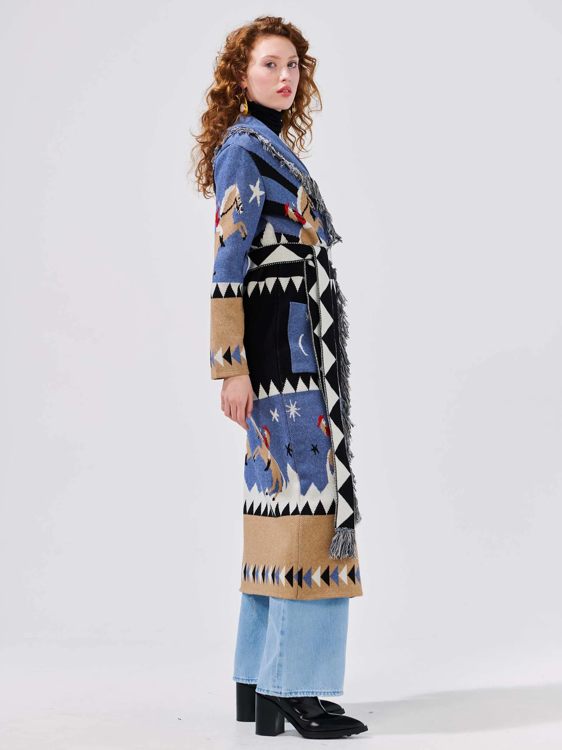 Sunrise Rodeo Merino Jacquard Long Cardigan Denim Blue