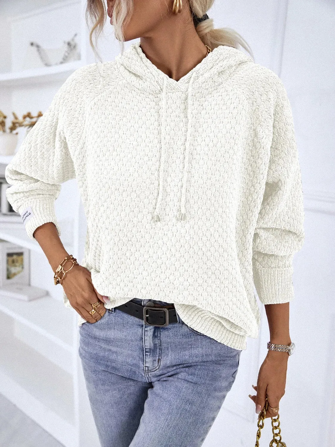 Texture Drawstring Long Sleeve Hooded Sweater