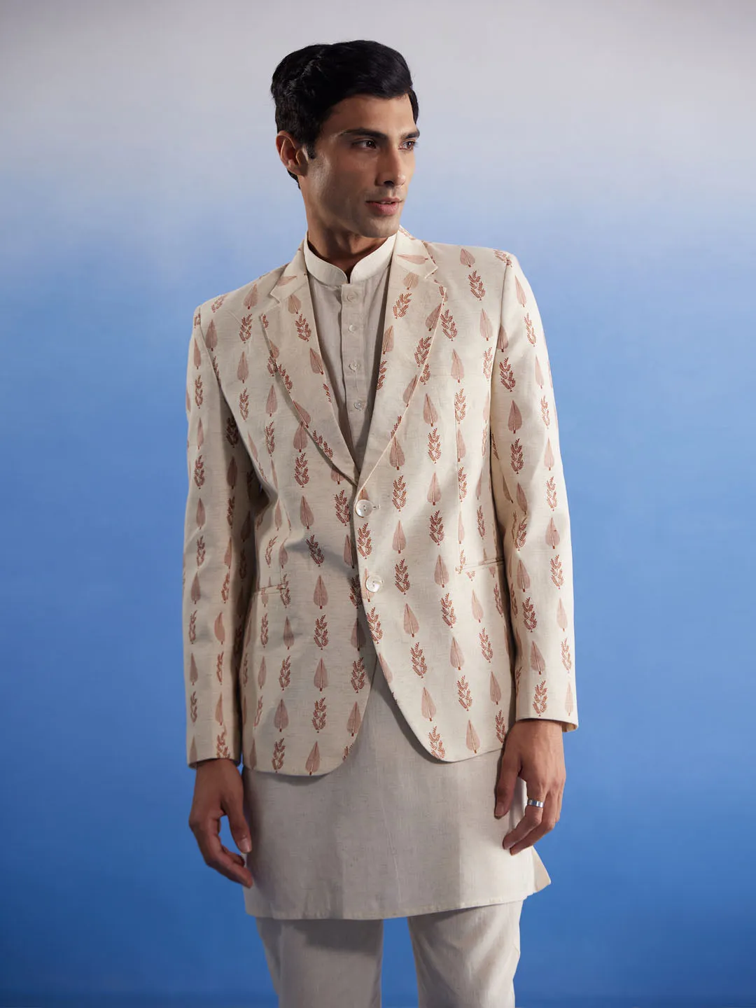 VASTRAMAY Cream Leaf Blazer Kurta Set