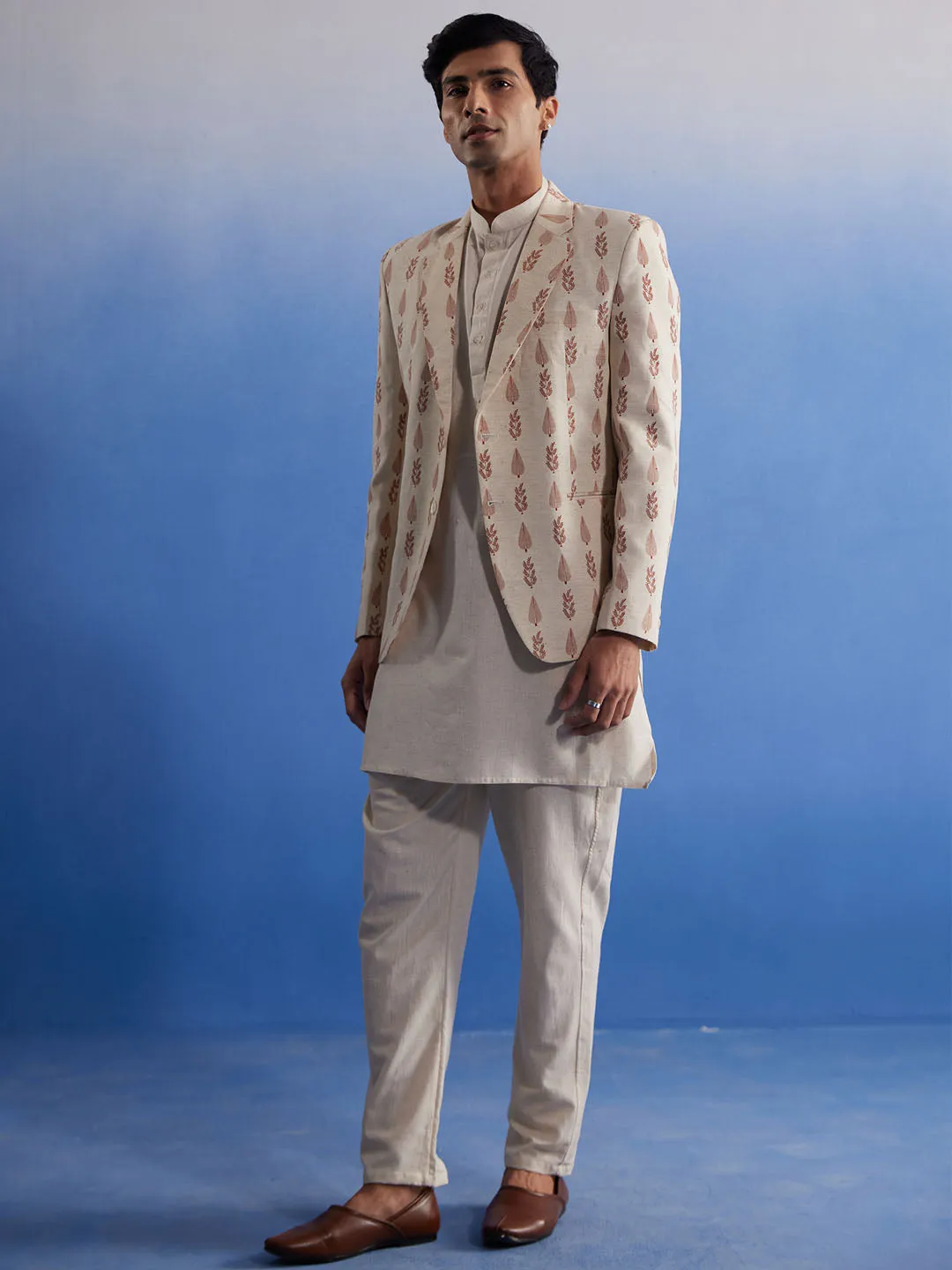 VASTRAMAY Cream Leaf Blazer Kurta Set