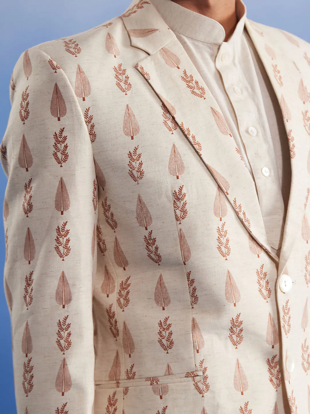 VASTRAMAY Cream Leaf Blazer Kurta Set