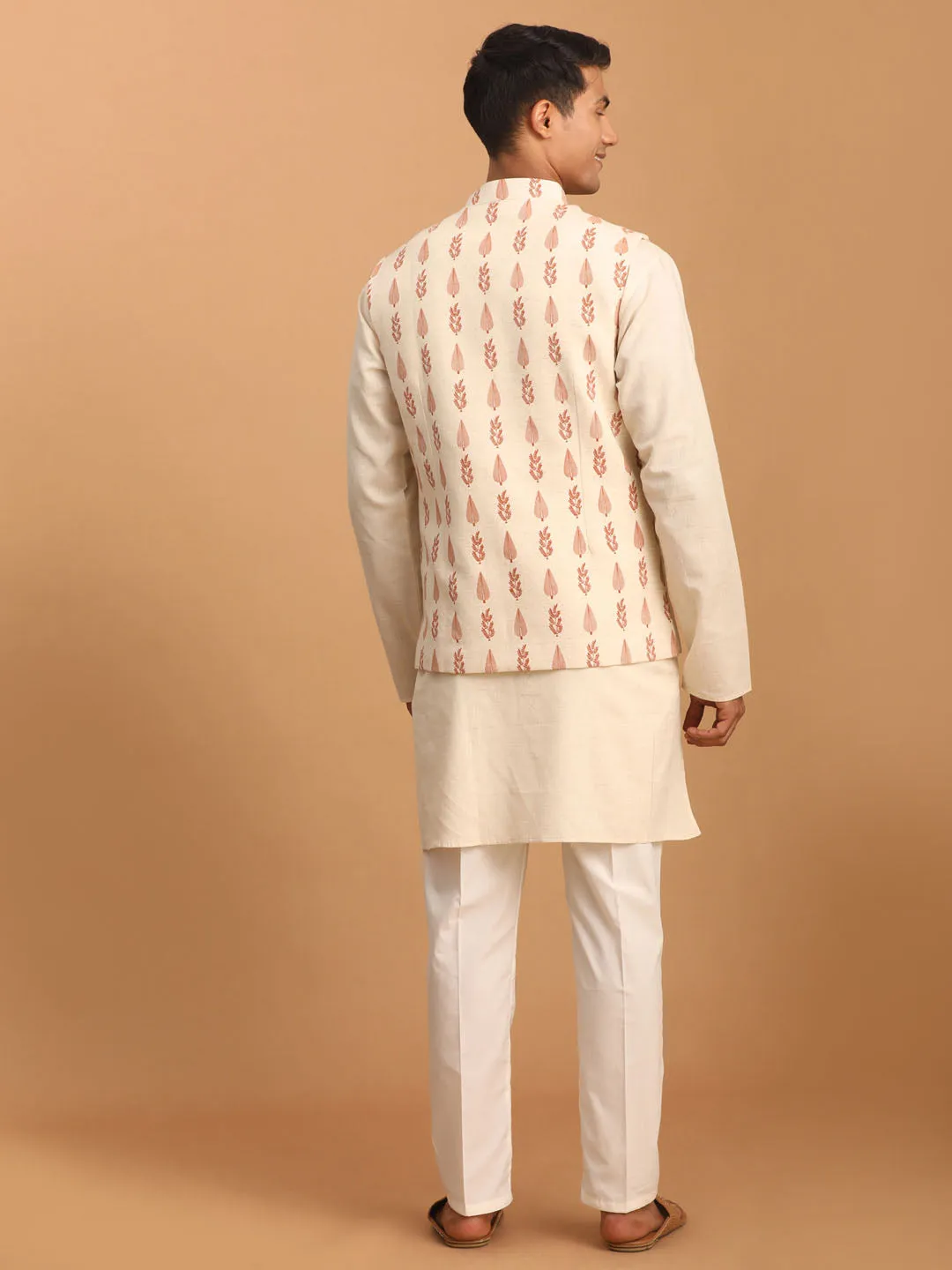 VASTRAMAY Cream Leaf Nehru Jacket Set