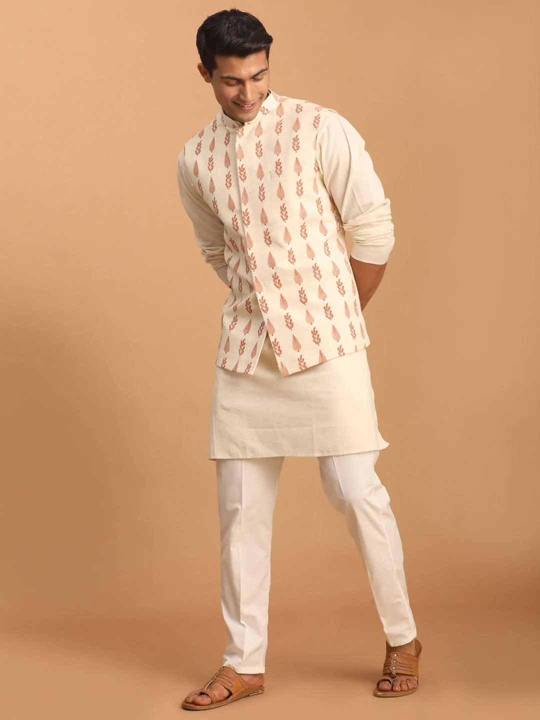 VASTRAMAY Cream Leaf Nehru Jacket Set