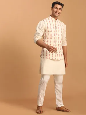 VASTRAMAY Cream Leaf Nehru Jacket Set