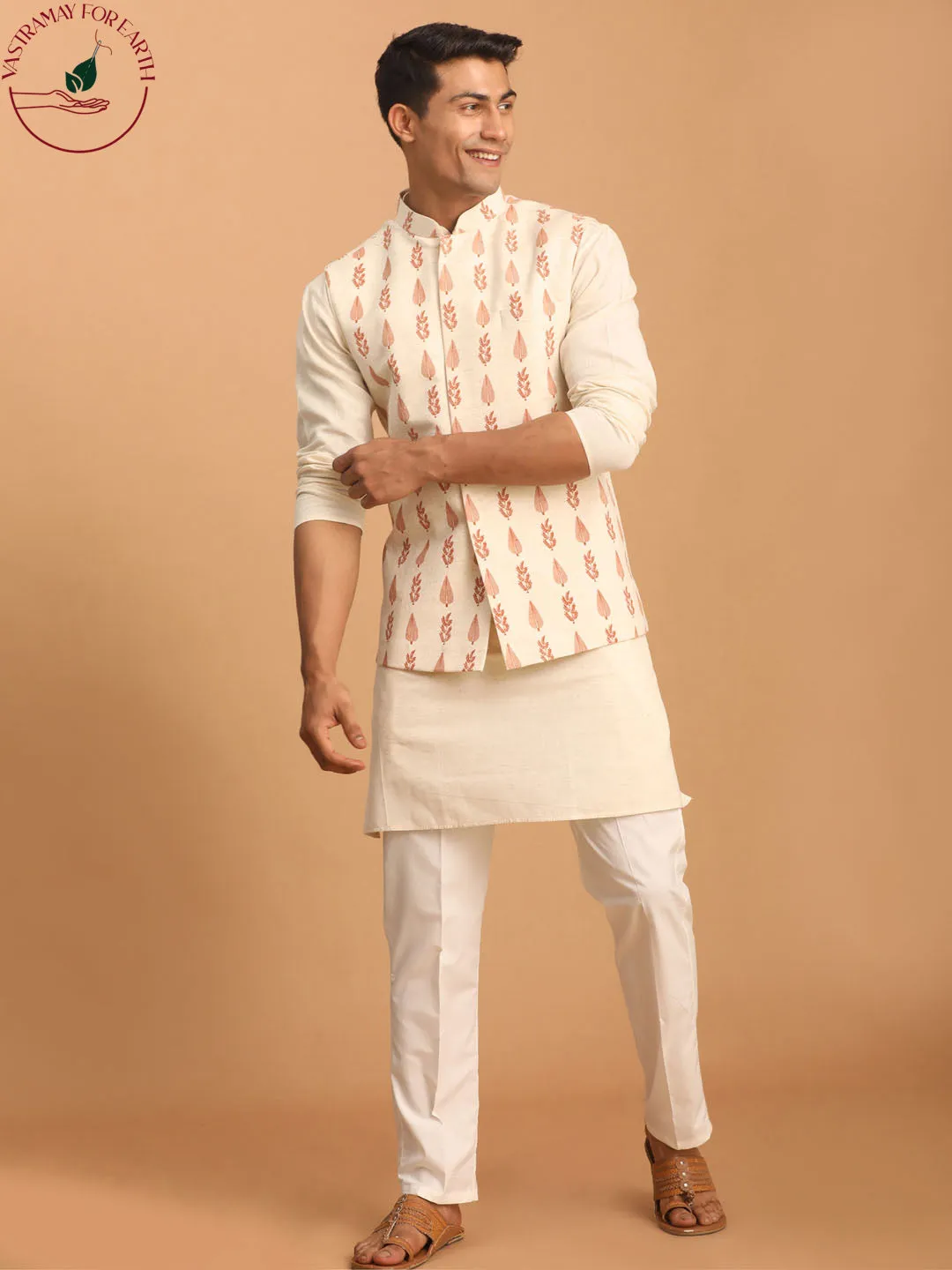 VASTRAMAY Cream Leaf Nehru Jacket Set