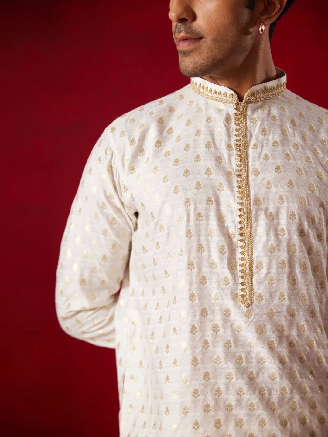 VASTRAMAY Cream Silk Jacquard Kurta Set