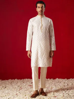 VASTRAMAY Cream Silk Jacquard Kurta Set