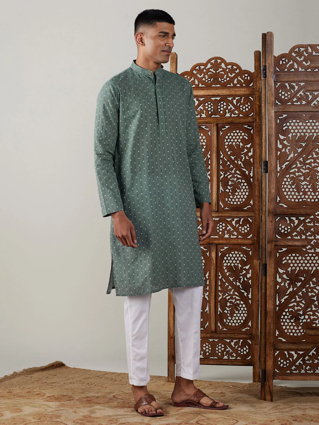 VASTRAMAY Green Cotton Jacquard Kurta Set