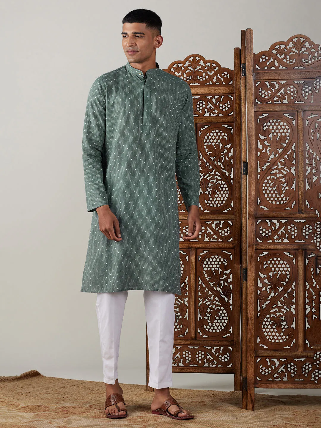 VASTRAMAY Green Cotton Jacquard Kurta Set