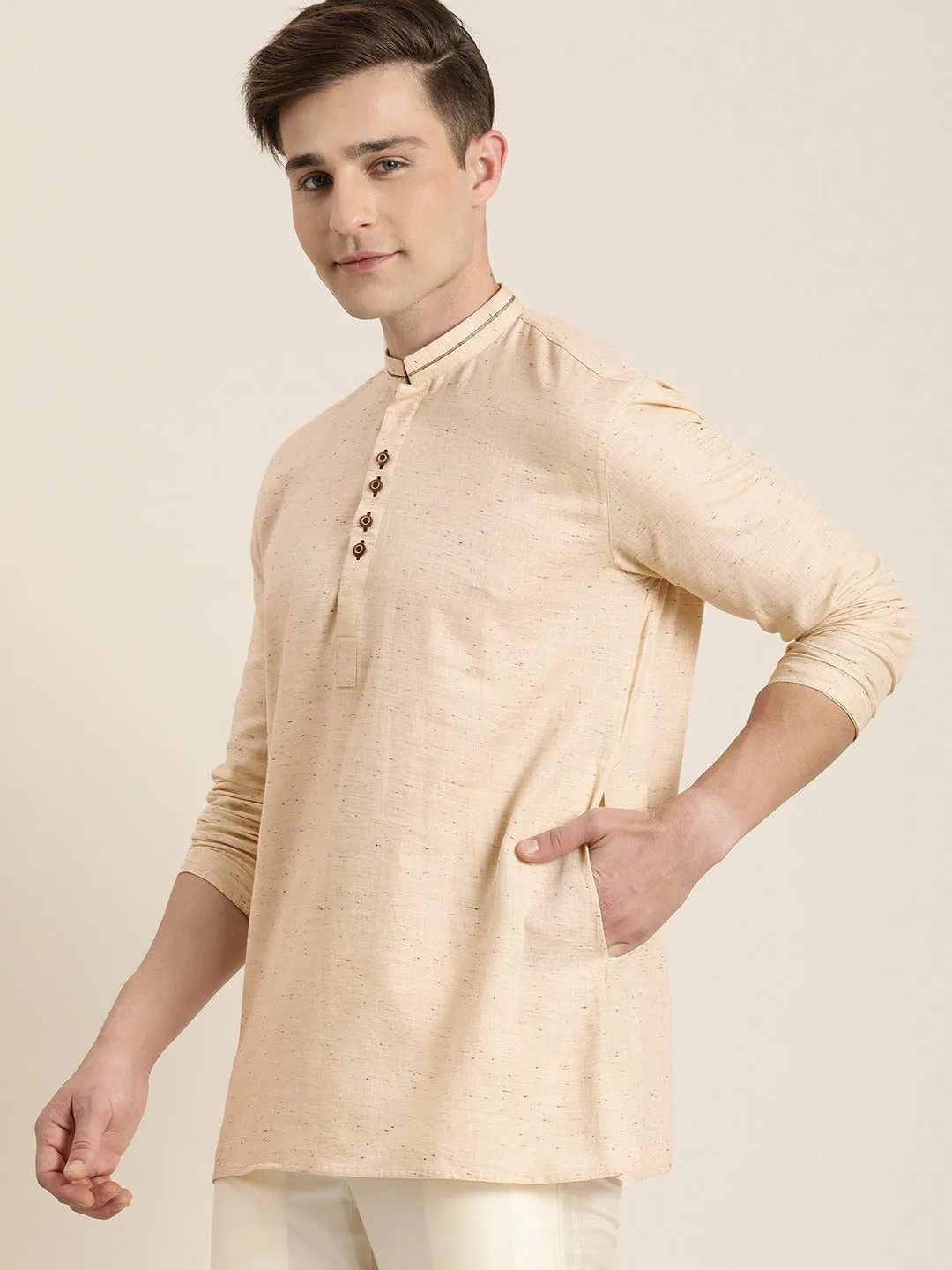 Vastramay Men's Beige Pure Cotton Short Kurta