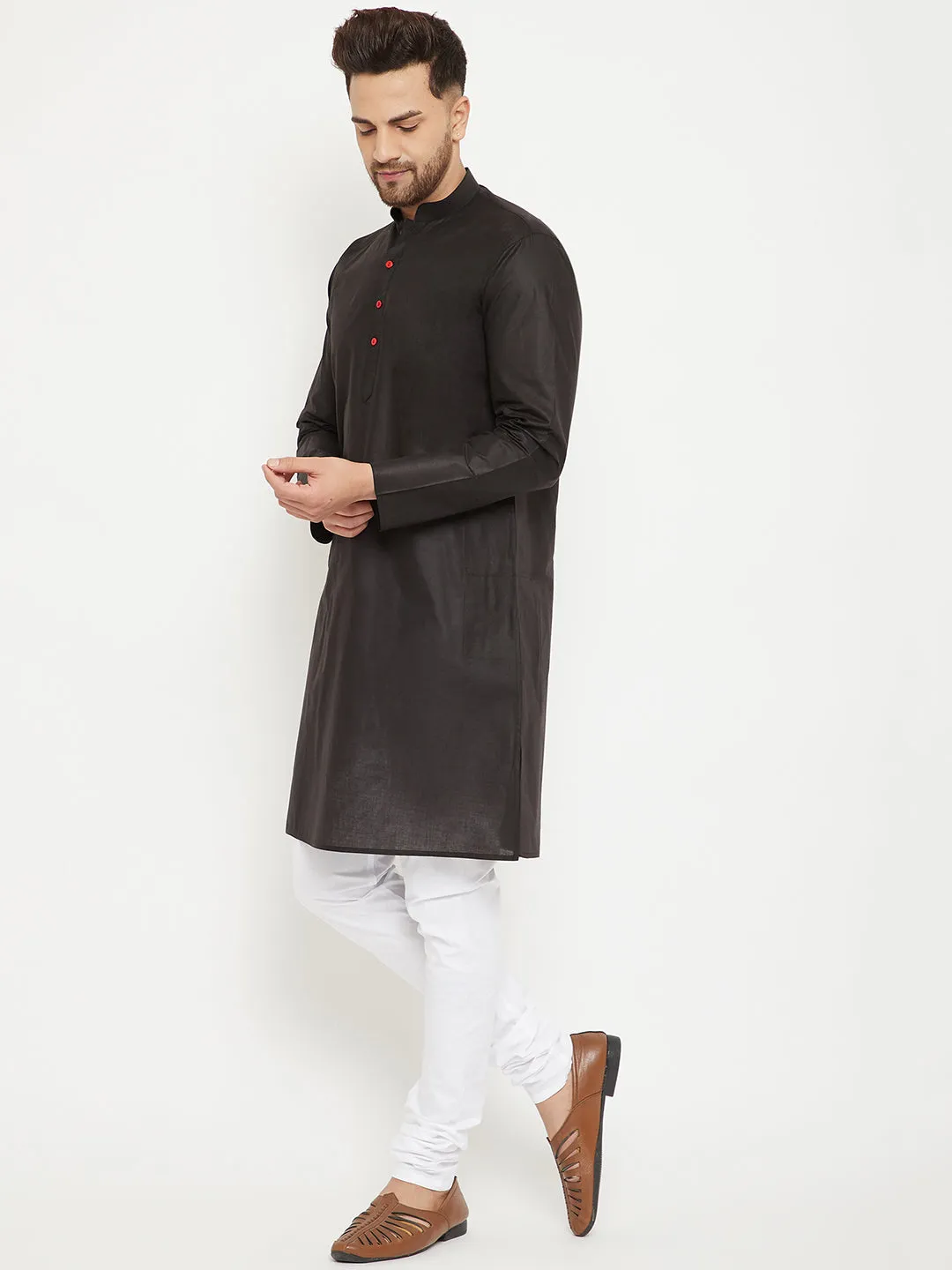 VASTRAMAY Men's Black & White Kurta Churidar