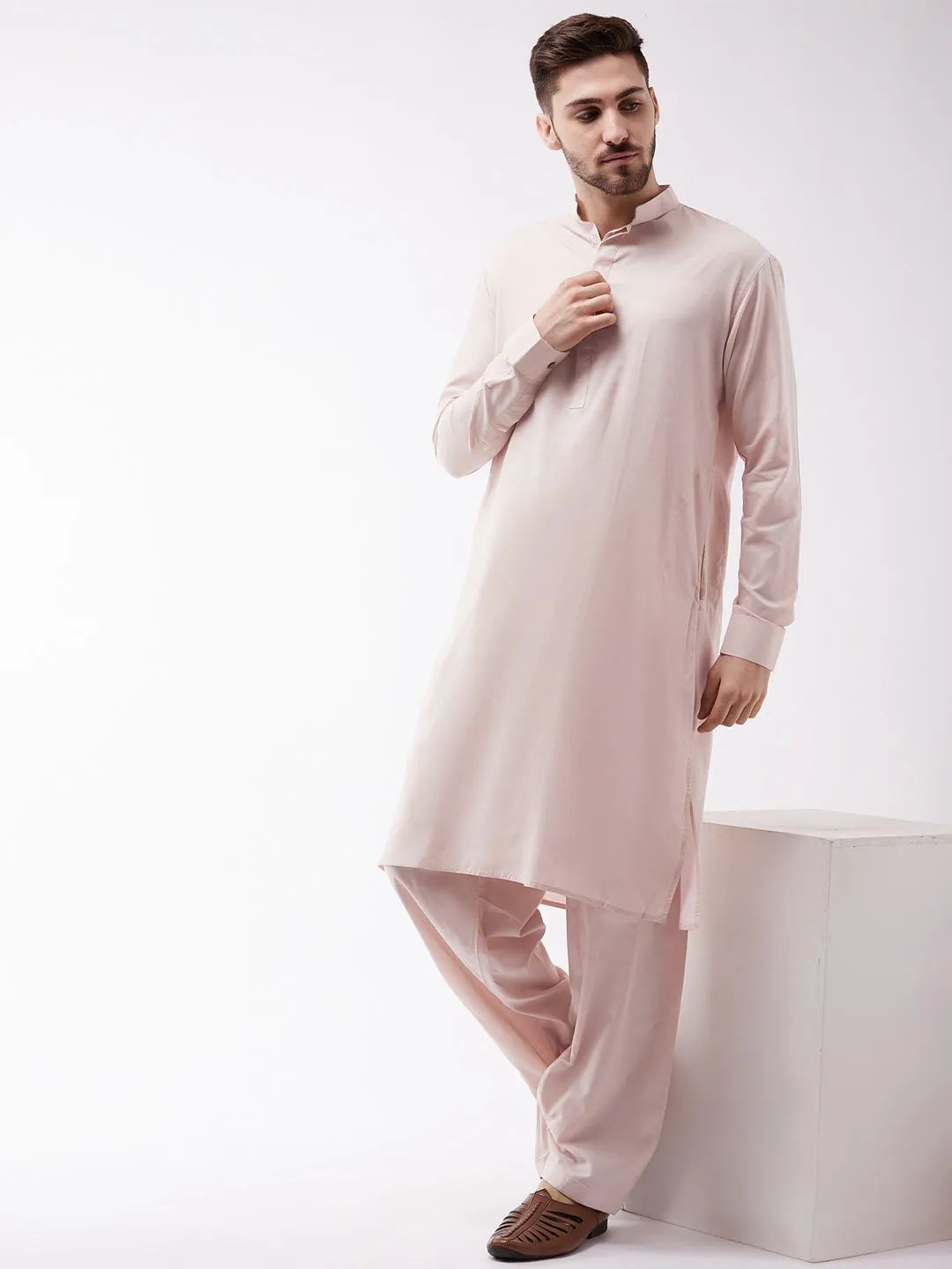 VASTRAMAY Men's Cream Cotton Blend Kurta Set