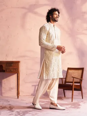 VASTRAMAY Men's Cream Georgette Kurta Set