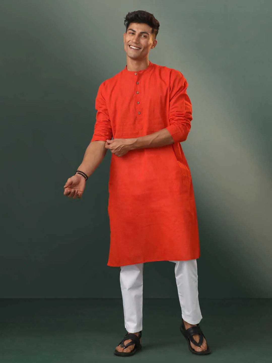 Vastramay Men's Red Cotton Kurta Pyjama