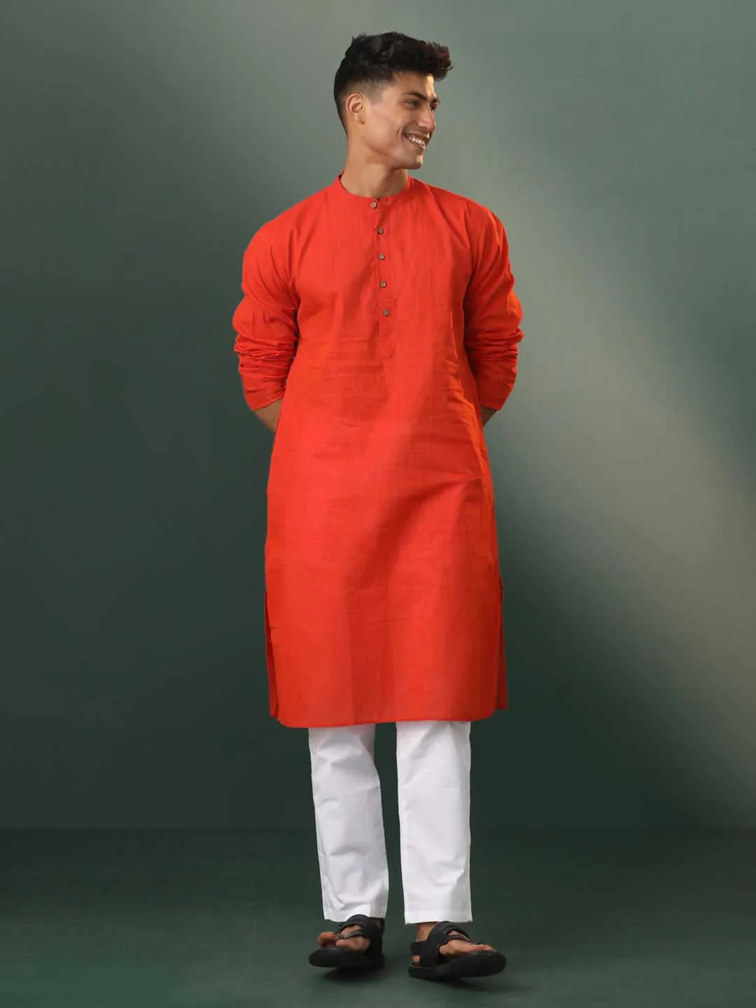 Vastramay Men's Red Cotton Kurta Pyjama