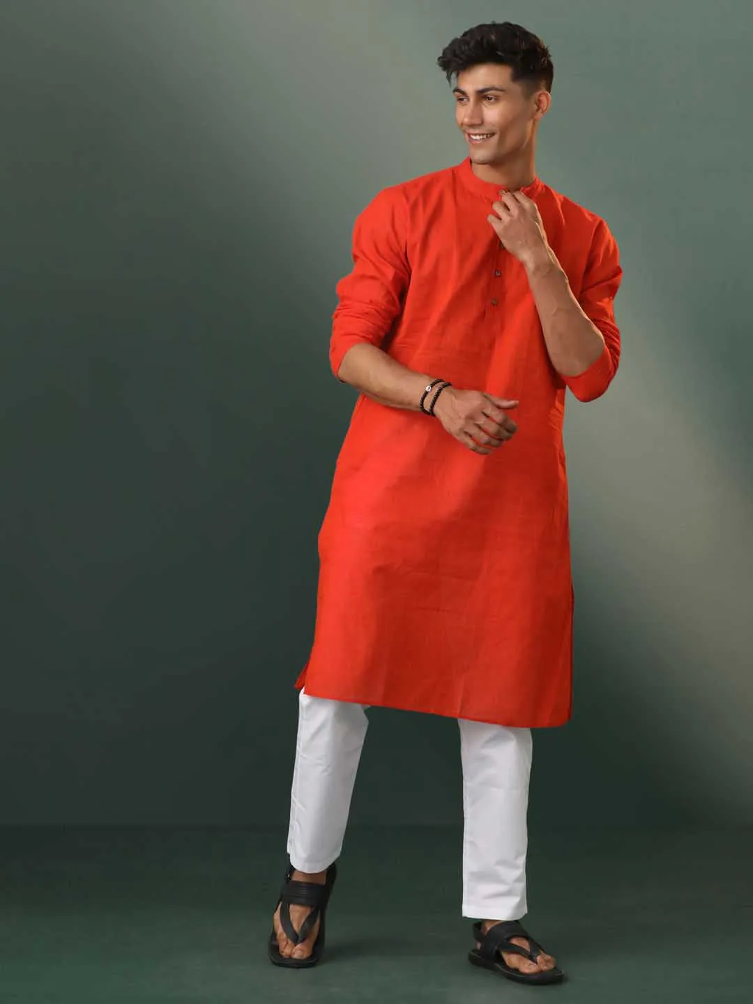 Vastramay Men's Red Cotton Kurta Pyjama