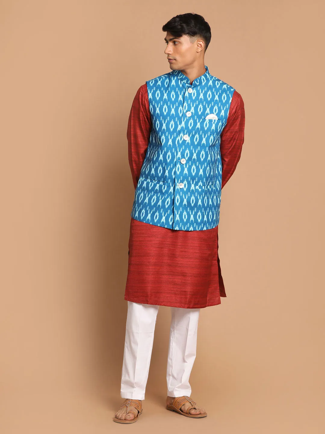 VASTRAMAY Men's Turquoise Nehru Jacket Set