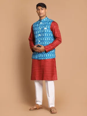 VASTRAMAY Men's Turquoise Nehru Jacket Set