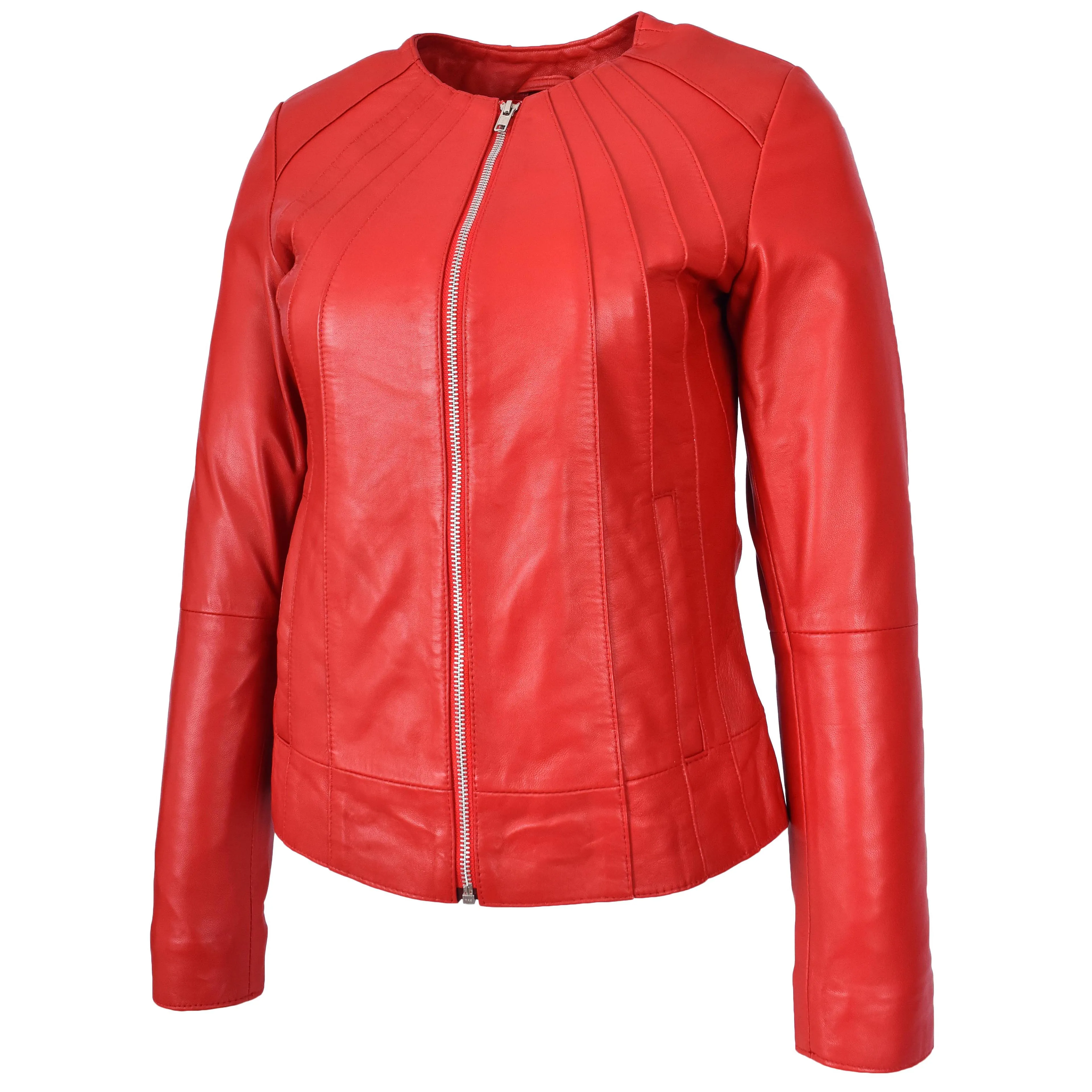 Womens Real Leather Collarless Jacket Classic Style Lottie Red