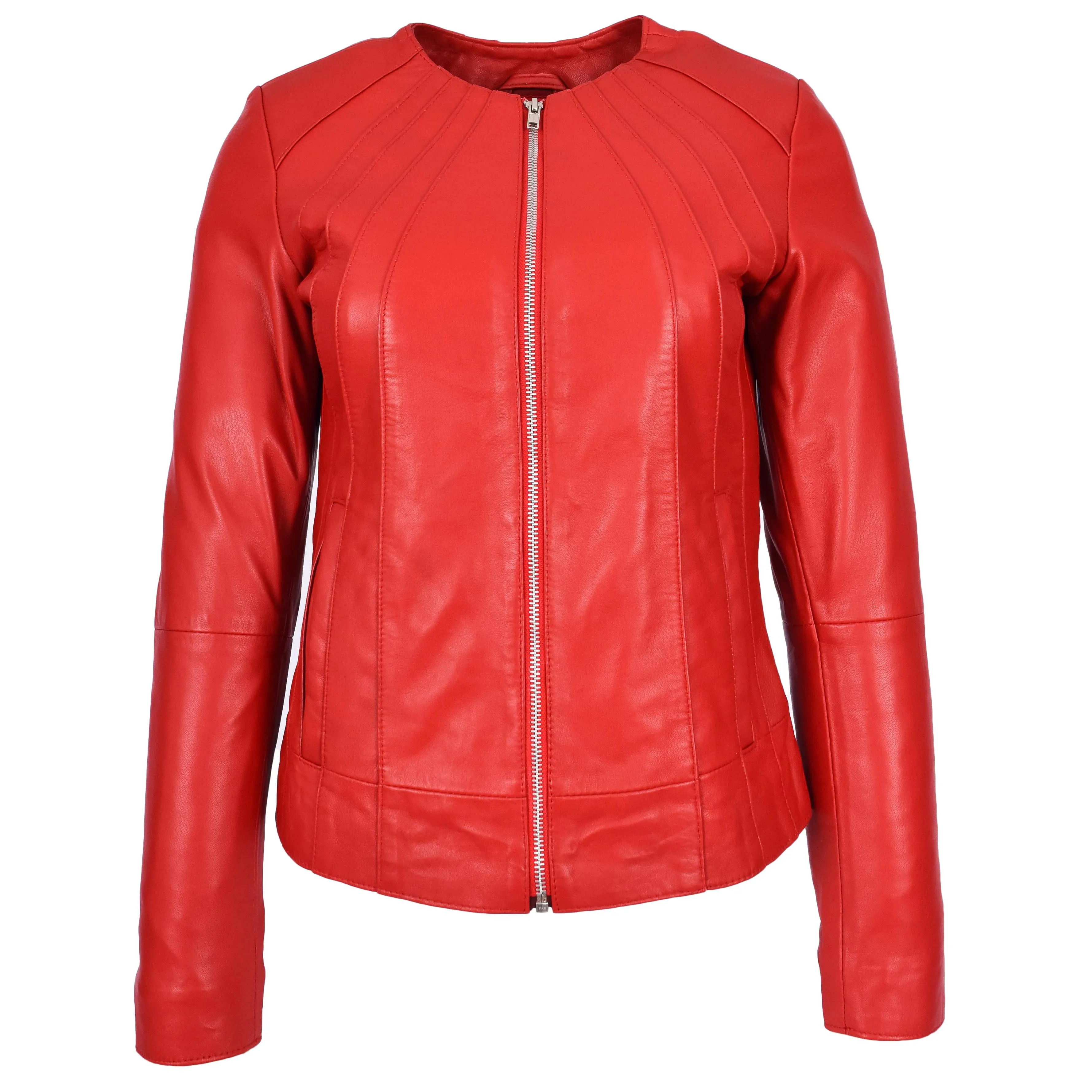 Womens Real Leather Collarless Jacket Classic Style Lottie Red