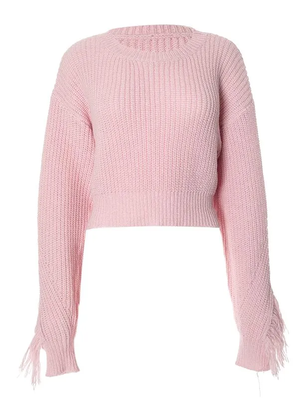 Wool Solid Color Tassel Cropped Sweater