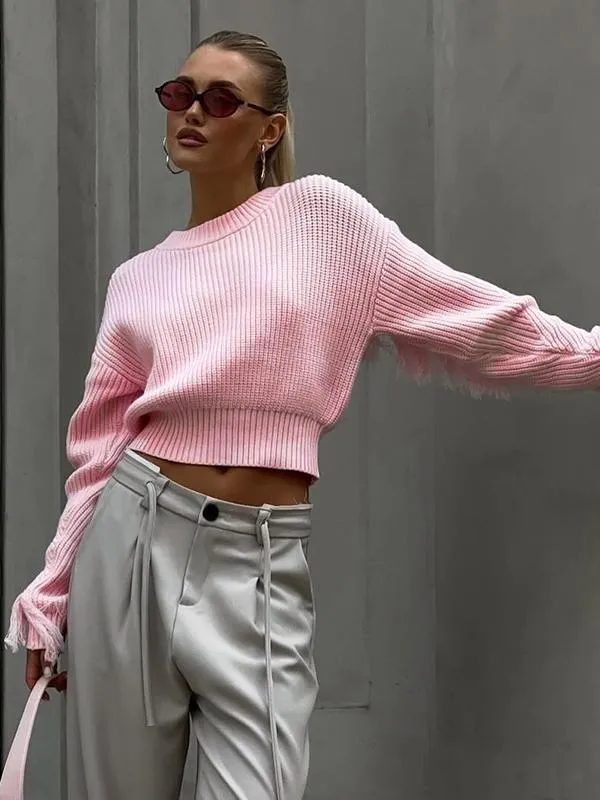 Wool Solid Color Tassel Cropped Sweater