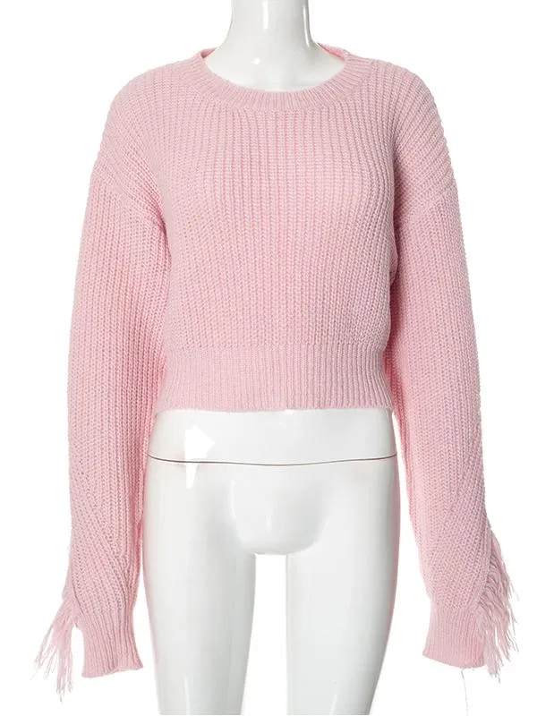 Wool Solid Color Tassel Cropped Sweater